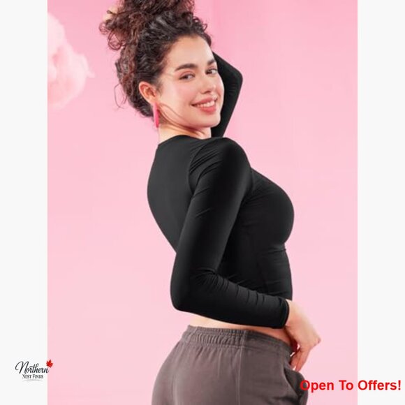 Long Sleeve Double Lined Workout Tee Crew Neck Fitted T-Shirt - Picture 3 of 7